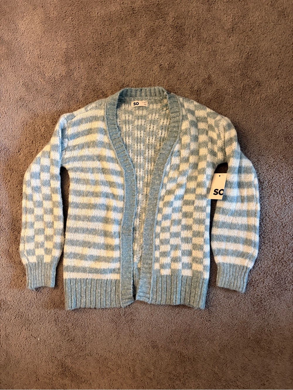SO Women’s Blue and Cream Checkered-Striped Open Cardigan